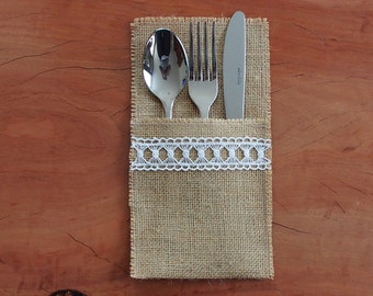 6 Burlap / Hessian and white lace cutlery holder