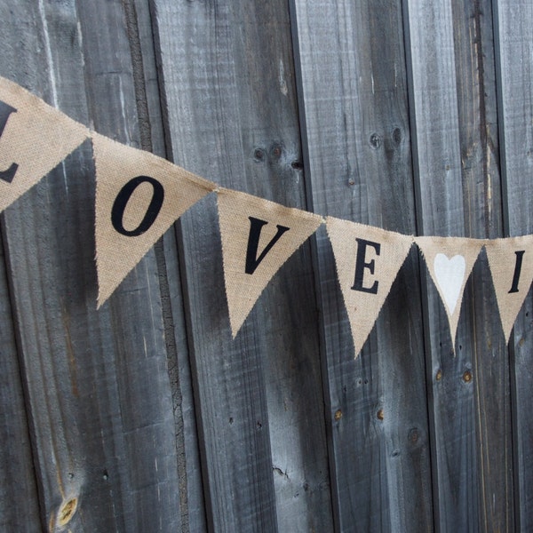 LOVE IS SWEET hessian bunting with hearts. Wedding or engagement decorations. Photo prop