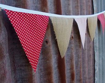 Rustic Burlap and Cotton Christmas Bunting with stars. Hanging christmas decorations.