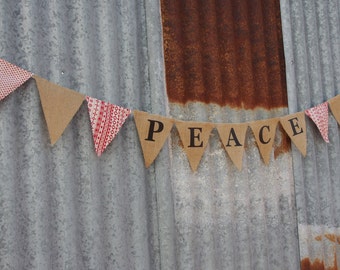 Christmas cotton and Hessian PEACE bunting banner.