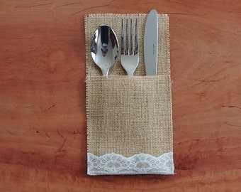 6 Burlap / Hessian and ivory lace cutlery holder