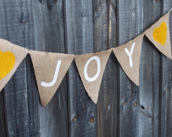 Customisable Burlap / Hessian JOY bunting banner with heart. Home decor. Christmas decoration.