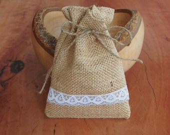 Burlap / Hessian and white lace mini favour bags