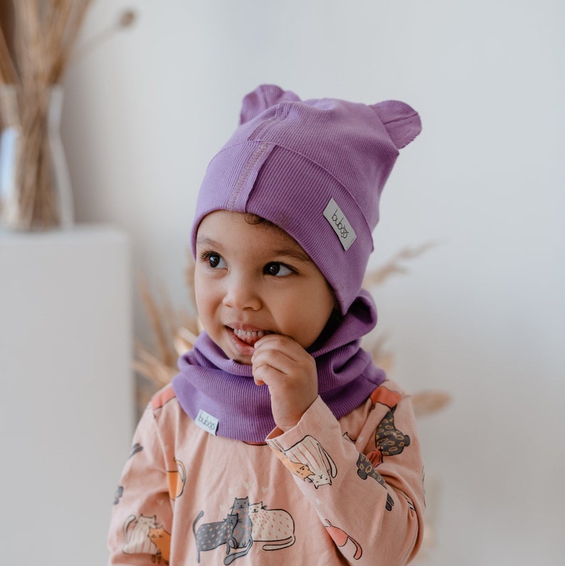 SET of kids beanie and snood scarf, baby cotton hat and scarf, kids beanie with bear ears, adjustable beanie for boys and girls image 1