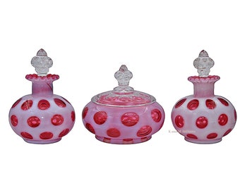 Fenton Cranberry Opal Coin Dot #1405 Vanity/ Perfume Set