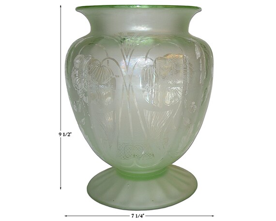 Dunbar #6255 Green Satin Finish Large Footed Vase With Brocatelle Etch