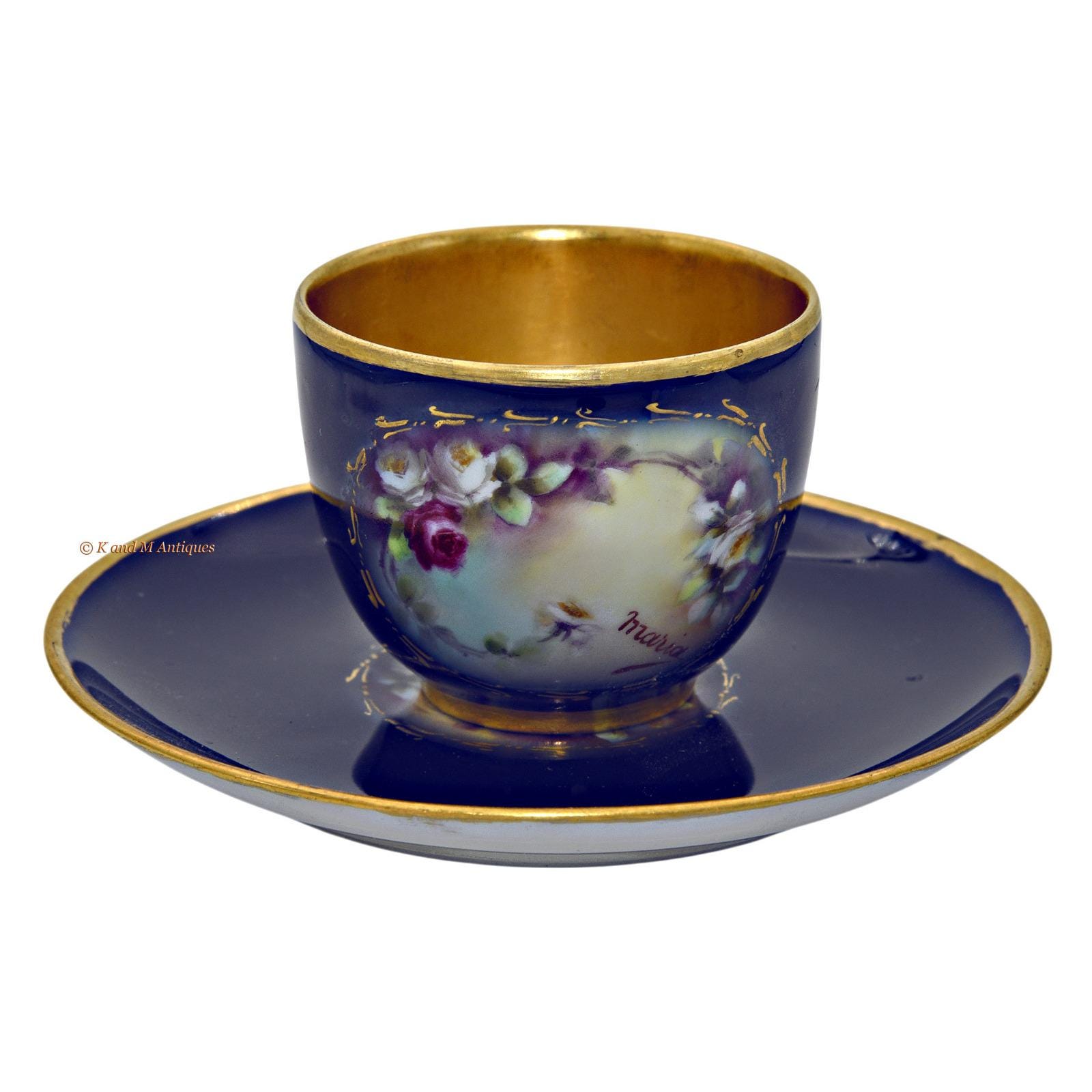 Limoges Cobalt Hand Painted Artist Signed Demitasse Cup and Saucer