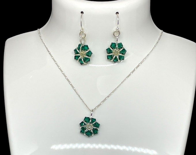 May Birthstone Earrings and Necklace, Birthday Gift for Her, Swarovski Emerald Earrings Necklace Set