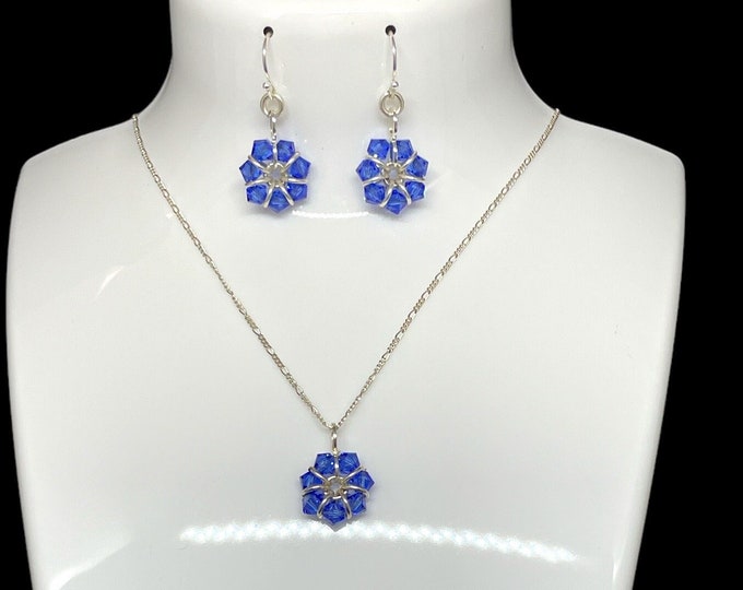 September Birthstone Earrings and Necklace, Birthday Gift for Her, Swarovski Sapphire Earrings Necklace Set