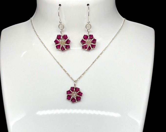 July Birthstone Earrings and Necklace, Birthday Gift for Her, Swarovski Ruby Earrings Necklace Set