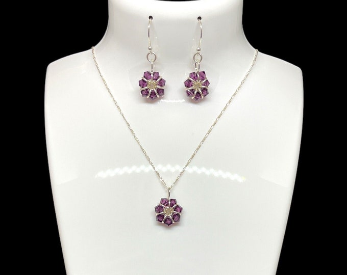 February Birthstone Earrings and Necklace, Birthday Gift For Her, Swarovski Amethyst Earrings Necklace Set