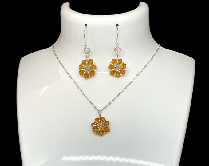 November Birthstone Earrings and Necklace, Birthday Gift for Her, Swarovski Yellow Topaz Earrings Necklace Set