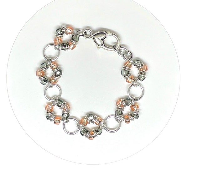 Wreath Bracelet -Peach and Gray, Chain Maille Bracelet