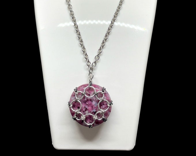 Caged Cabochon Chain Maille Necklace, Pink Cabochon Pendant Necklace