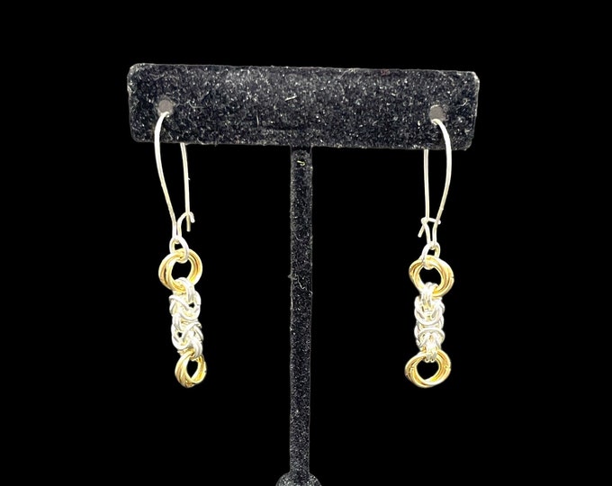 Byzantine and Flowers (Long) Chain Maille Earrings, Gold and Silver Dangle Earrings