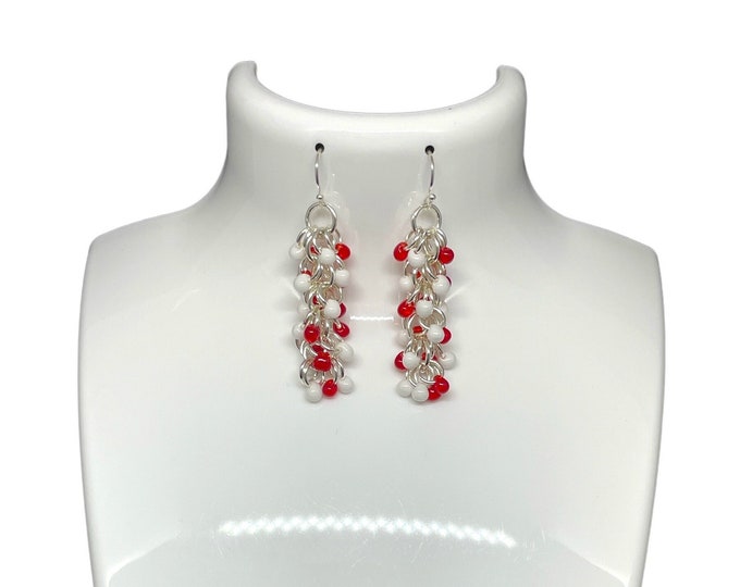 Shaggy Loops Chain Maille Earrings Red and White