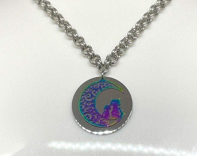 Cats on a Crescent Moon 2 by 2 Chainmail Necklace
