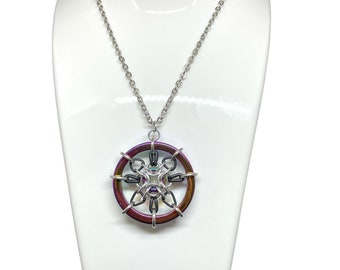 Compass Pendant Necklace, Multicolor Chain Maille Necklace