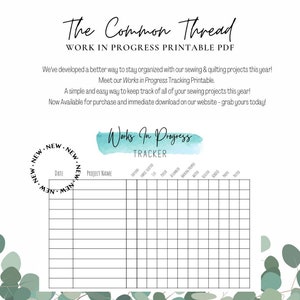 Op de afbeelding: Een printable PDF-tracker voor naai- en quiltprojecten. De tracker heeft een aquarel achtergrond met de tekst "Works in Progress Tracker". De tracker heeft kolommen voor datum, projectnaam, knippen, stoffenkeuze, patchwork, quilten, binden en foto's.