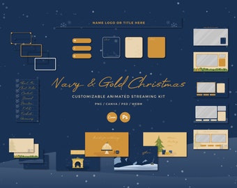 Navy Gold Peaceful Cozy Christmas Customizable Animated Twitch Stream Overlay Package