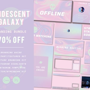 May include: A branding bundle for social media featuring an iridescent galaxy theme with pastel colors and alien graphics. The bundle includes a branding guide, clipart, textures, YouTube branding kit, Instagram highlights, Instagram templates, and Twitch/streaming kit. The text "IRIDESCENT GALAXY" and "70% OFF" is displayed on the image.