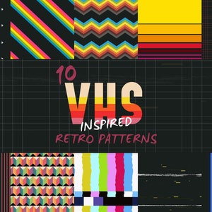 Puede incluir: Una colección de 10 patrones retro inspirados en cintas VHS. Los patrones incluyen rayas, zigzags y formas geométricas en una variedad de colores brillantes. El texto "10 VHS INSPIRED RETRO PATTERNS" está escrito en blanco sobre un fondo negro. El texto "AI/PNG/JPG" está escrito en blanco sobre un fondo negro.