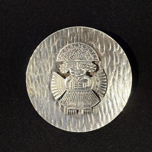 Vintage Sterling Silver Round Peruvian Inca Figure Brooch| Inca Diety|Pin|Peru Tribal Figure|Sterling Silver Pendant|Medallion|Inca God