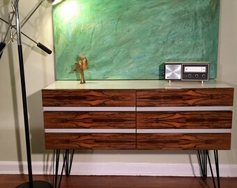 MCM long dresser with 3 rod hairpin legs, bedroom, tv stand, dining room, buffet, entryway, nursery, rosewood, mid century modern, dresser