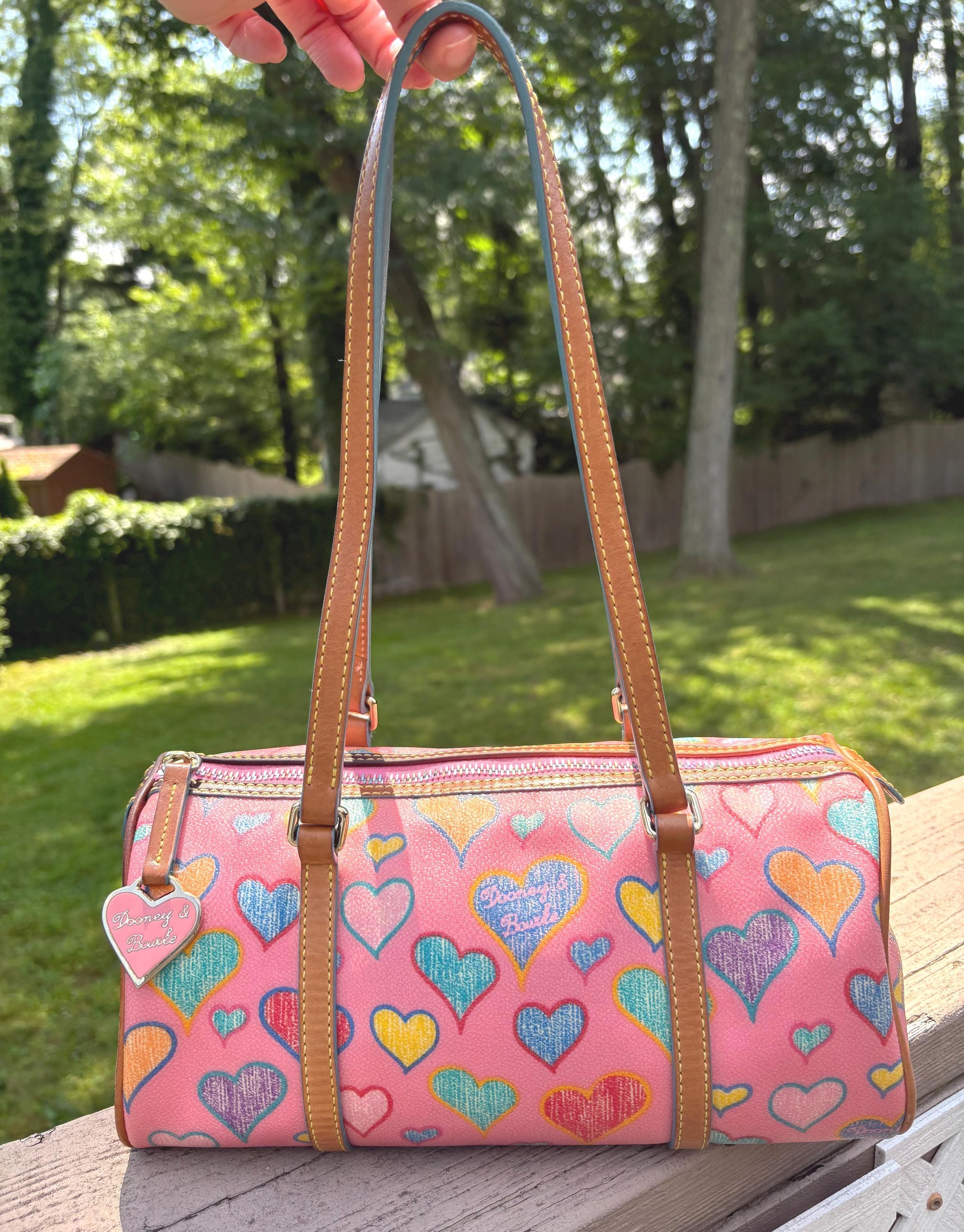 SOLD! Dooney and Bourke 2004 Hearts Collection Bubblegum Pink Barrel Shoulder Bag| Crayon Pattern| Multicolor Scribble Hearts| Satchel|