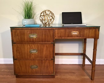 RESERVED-Lisa--Campaign desk, Campaigner, Dixie, Bamboo legs, Brass hardware, patina, home office, office, mid century, wood, dovetail