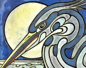 Handmade ceramic Great Blue Heron bird  art tile