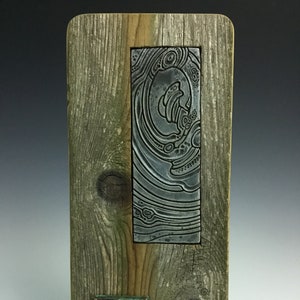 Handmade clay and  copper repousse tooled tile , wood framed art tile