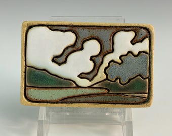 Handmade mini ceramic Bend in the river / landscape art tile