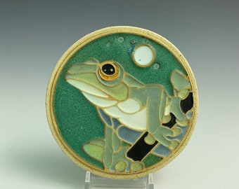 Handmade ceramic art tile, frog in twilight