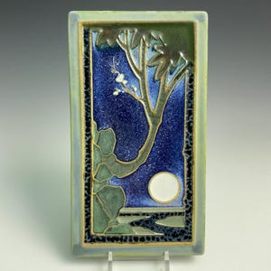 Handmade ceramic art tile, Twilight seascape, Moonlit cove