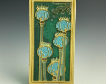 Handmade ceramic art tile, Glazed poppy pods tile