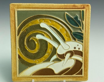 Handmade ceramic art tile, snail in a garden version 2.0