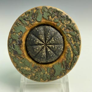 May include: A ceramic decorative piece with a central sphere and a surrounding ring. The sphere is dark gray with a radial pattern and small white dots. The ring is tan with green textured accents, creating a unique, earthy aesthetic. The piece is displayed on a clear stand.