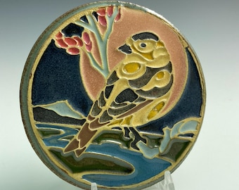 Handmade ceramic art tile, a regal goldfinch in situ