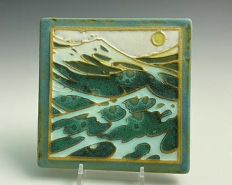 Handmade ceramic art tile, wave scape /seascape