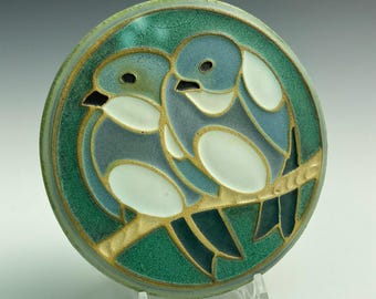 Handmade ceramic art tile, cute love birds