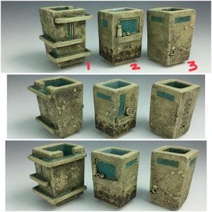 May include: Set of ten ceramic planters in various shapes and sizes. Each planter has a unique design with a textured surface and a blue glaze. The planters are perfect for displaying small plants or succulents.