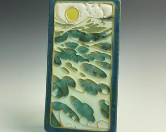 Handmade ceramic art tile, wave scape /seascape/tall version