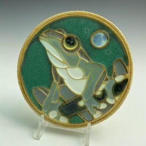 Handmade ceramic art tile, frog in twilight, stargazer