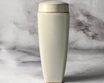 Contemporary Tall White Lidded Jar.