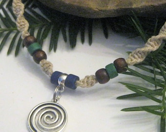 Hemp Necklace, Circle of Life Spiral Pendant, Green & Blue, Boho Macrame Choker