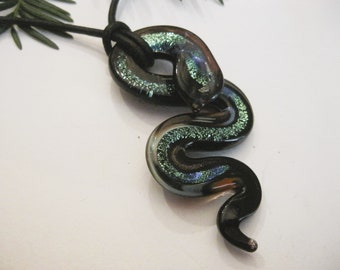 Snake, Handmade Dichroic Snake Pendant Necklace, Adjustable Leather Necklace