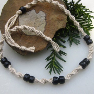 Hemp Necklace, Black Glass Beaded, Gift For Him, Hippie Hemp Jewelry, Boho Hemp Jewelry, Gift For Her