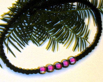 Hemp Necklace, Choker Necklace, Pink Beaded, Black Hemp Necklace, Hemp Beaded Choker, Gift for Her