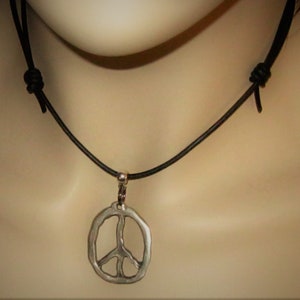 Peace Sign Leather Necklace, Hand Hammered Pewter Pendant